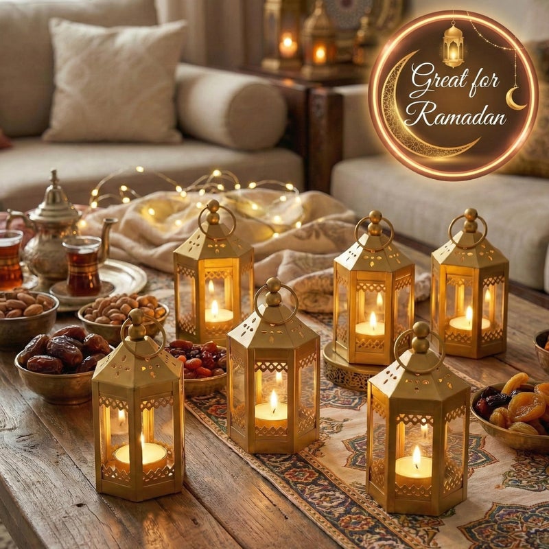 Vela Lanterns Mini Small 4.5 Inch Metal Moroccan Lantern Decorative Candle Tealight Holder for Centerpieces, Home Decor, Weddings, Gold, Set of 6 - Image 5